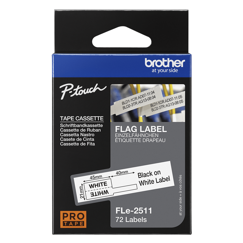 Casetă cu etichete pretăiat Brother FLe-2511 - negru pe alb, lățime de 21mm 3